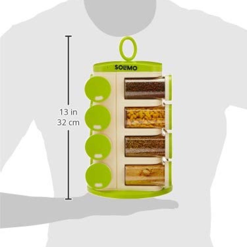 Amazon Brand - Solimo Revolving Spice Rack Set | 16 pieces | Plastic | Tiered Shelf | Tabletop | Green
