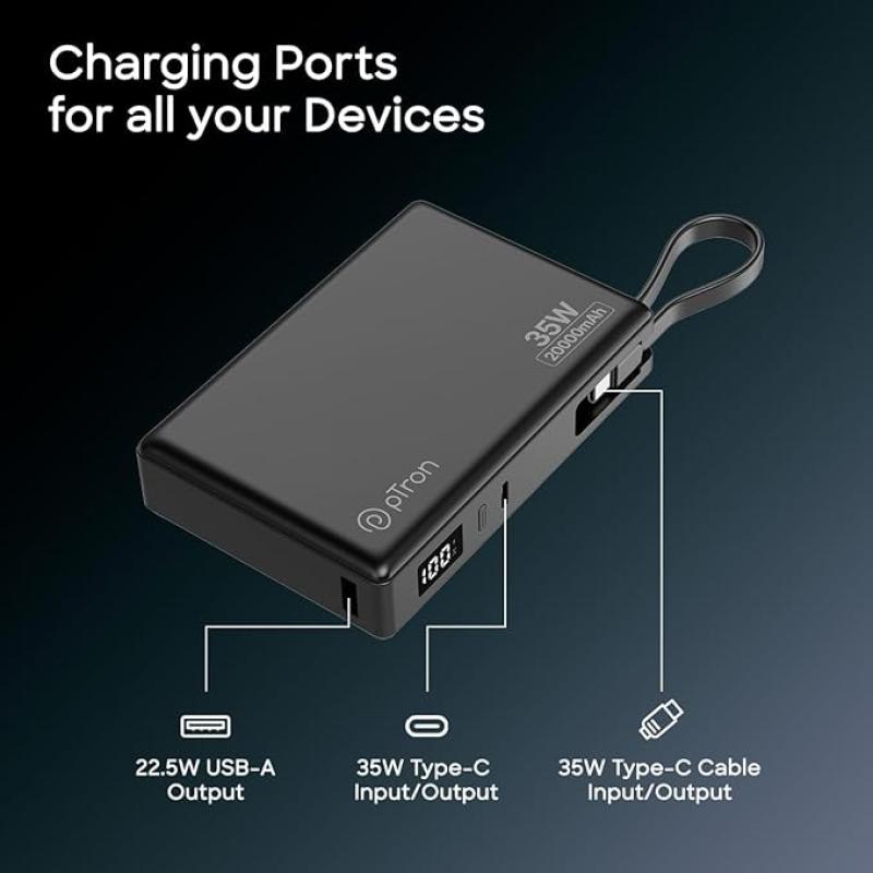 pTron Dynamo Sprint 20000mAh 35W Super Fast Charging, USB Type-C Input Power Bank Compatible with QC3.0/PD3.0, Built-in Charging Cable, 3 Charging Outputs, Type-C Input/Output Port (Black)
