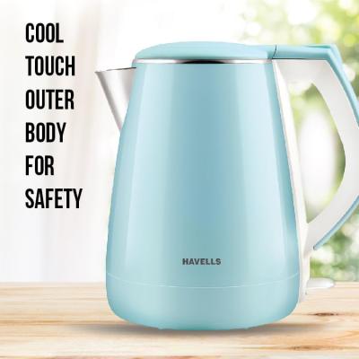 Havells Aqua Plus Electric Kettle 1.2 Litre, 1250 Watt | 304 Stainless Steel Inner Body | Cool Touch Body | Auto Shut-Off |Wider Mouth| 2 Year Warranty (Blue)