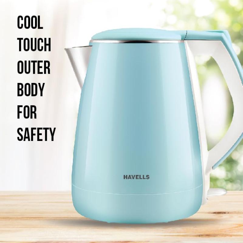 Havells Aqua Plus Electric Kettle 1.2 Litre, 1250 Watt | 304 Stainless Steel Inner Body | Cool Touch Body | Auto Shut-Off |Wider Mouth| 2 Year Warranty (Blue)