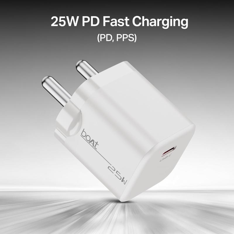 boAt 25W PD Fast Charger with PD & PPS | Auto Detect Charging | Compact Travel-Friendly Design | Rust-Free Pins | Smart IC Safety (Pearl White)