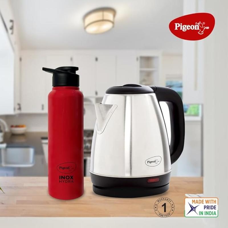 Pigeon 1.5 litre Hot Kettle and Stainless Steel Water Bottle Combo used for boiling Water, Making Tea and Coffee, Instant Noodles, Soup with Auto Shut- off Feature