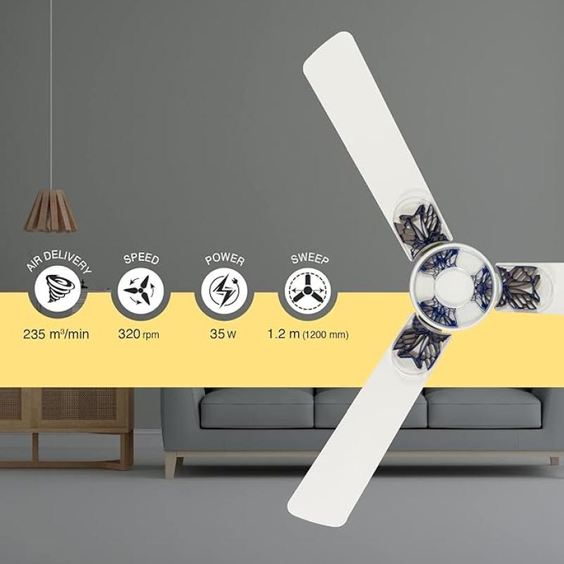 Usha Onio Kappa Beta 1200MM BLDC 5 Star Energy Efflicient, Dust & Oil Resistant Ceiling Fan (White)