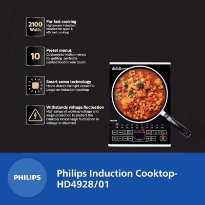Philips Viva Collection HD4928/01 2100-Watt Induction Cooktop, Soft Touch Button with Crystal Glass (Black)