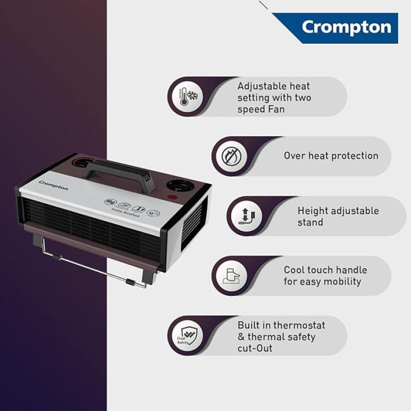 Crompton Insta Airohot 2000W heat convector with adjustable Thermostats Plastic body ISI Approved, Maroon, Standard