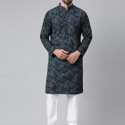 Majestic Man Men's Cotton Regular Fit Casual Mandarin Collar Ethnic Motifs Printed Long Regular Kurta