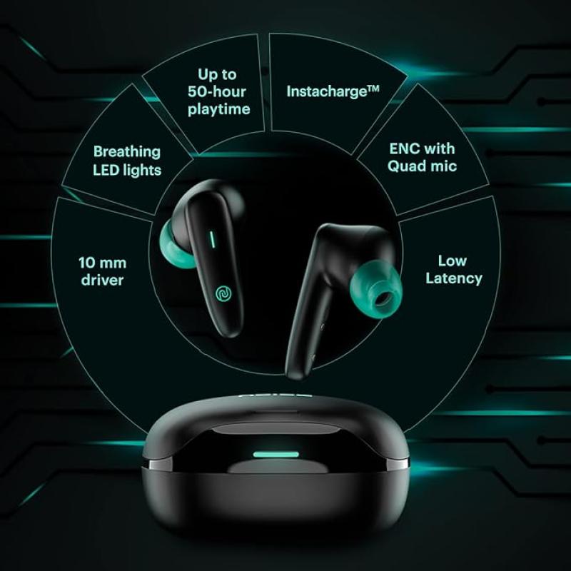 Noise Buds VS402 in Ear Truly Wireless Earbuds with 50H of Playtime, Low Latency, Quad Mic with ENC, Instacharge(10 Min=120 Min),10Mm Driver, BT V5.3, Breathing LED Lights (Neon Black)