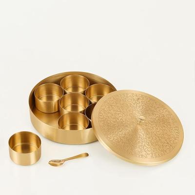 K GOLDEN BRASS (01) handcrafted Brass Spice Box Set For Kitchen With Spoon (7 Containers, 40 ML) - Brass Masala Box For Kitchen - Species Container 7 inch Masala dabba - Masala petti 1set
