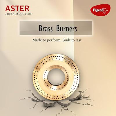 Pigeon by Stovekraft Aster 3 Burner Gas Stove with High Powered Brass Burner Gas Cooktop, Cooktop with Glass Top and Powder Coated Body, Black, Manual Ignition, Standard (14267)