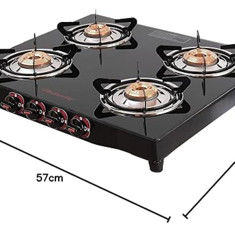 Butterfly Smart 4 Burner Glass Top Gas Stove | Manual Ignition | Scratch Resistant Toughened Glass | Brass Burners | Skid-proof Legs | 1 Year Manufacturer's Warranty | Black