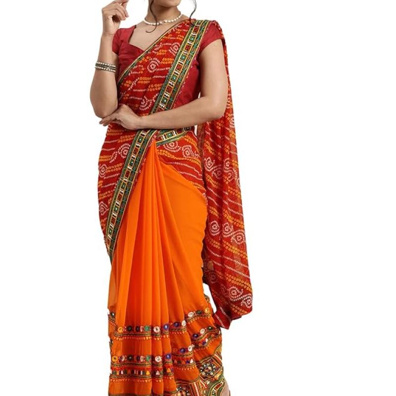 arriva fab Women's Georgette Half & Half Bandhani Printed Saree With Unstitched Blouse