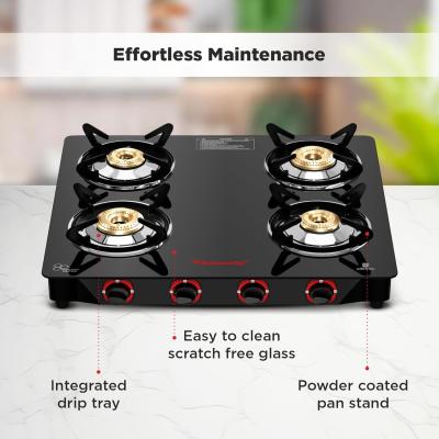Butterfly Smart 4 Burner Glass Top Gas Stove | Manual Ignition | Scratch Resistant Toughened Glass | Brass Burners | Skid-proof Legs | 1 Year Manufacturer's Warranty | Black