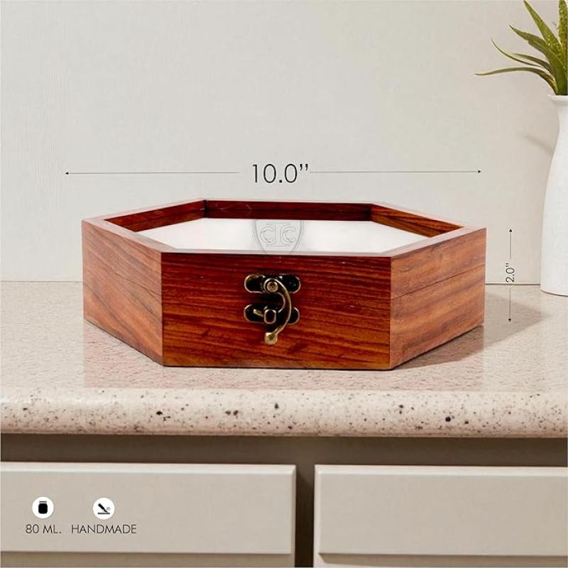 Wooden Spice Box with 7 Partitions & Spoon, Spice Container for Kitchen, Masala Dabba, Namakdani for Kitchen, Wooden Masala Box, Multipurpose Decorative Box (7 Partitions (Hexagonal))