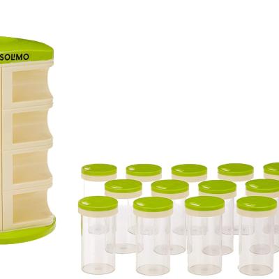 Amazon Brand - Solimo Revolving Spice Rack Set | 16 pieces | Plastic | Tiered Shelf | Tabletop | Green