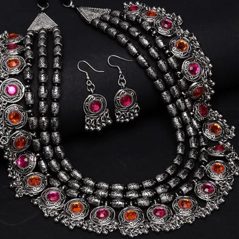Shining Diva Fashion Latest Stylish Fancy Oxidised Silver Tribal Necklace Jewellery Set for Women , Multicolour, One