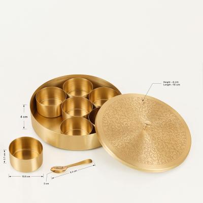 K GOLDEN BRASS (01) handcrafted Brass Spice Box Set For Kitchen With Spoon (7 Containers, 40 ML) - Brass Masala Box For Kitchen - Species Container 7 inch Masala dabba - Masala petti 1set