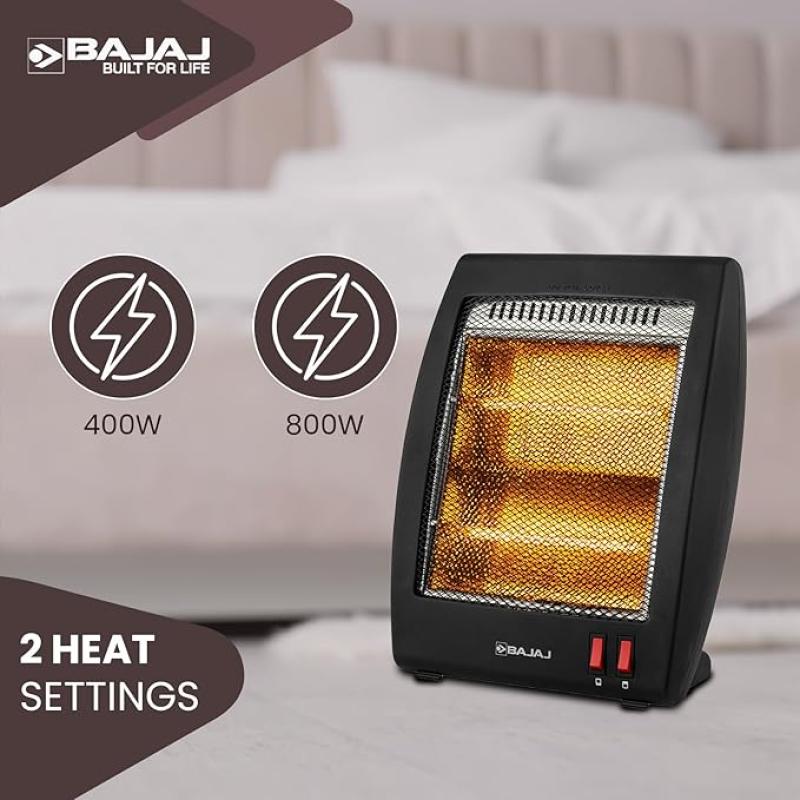 Bajaj RHX-2 Halogen Heater | 2 Heat Settings-400W/800 Watts | Noiseless Operation | DuraElement With 1-Yr Heating Element Warranty | Convection Room Heater For Winter | 2-Yr Warranty 【Black】