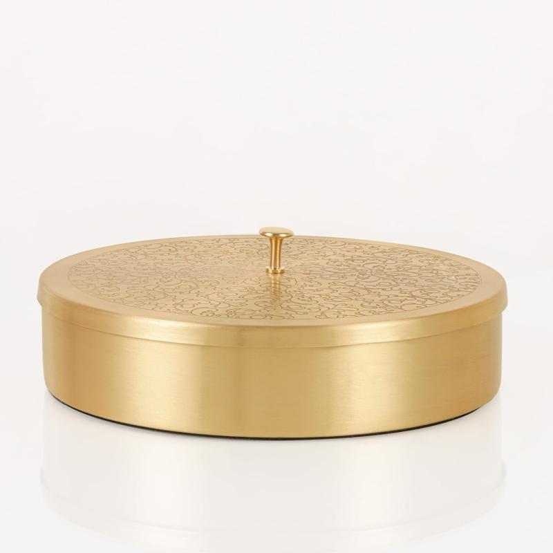 K GOLDEN BRASS (01) handcrafted Brass Spice Box Set For Kitchen With Spoon (7 Containers, 40 ML) - Brass Masala Box For Kitchen - Species Container 7 inch Masala dabba - Masala petti 1set