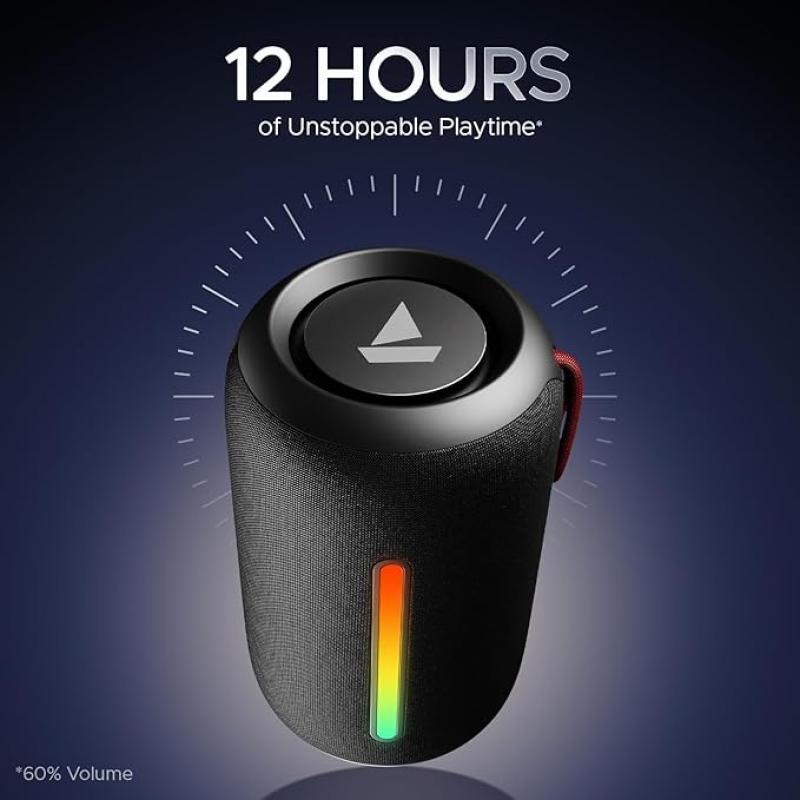 boAt Stone 352 Pro/Stone 358 Pro w/ 14W Signature Sound, Up to 12 Hours Playback, RGB LEDs, TWS Feature, Built-in Mic, BTv5.3, Free Music Streaming on JioSaavn Bluetooth Speaker (Raging Black