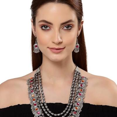 Shining Diva Fashion Latest Stylish Fancy Oxidised Silver Tribal Necklace Jewellery Set for Women , Multicolour, One