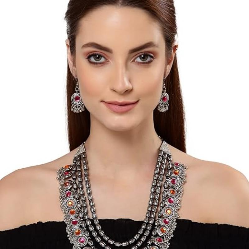 Shining Diva Fashion Latest Stylish Fancy Oxidised Silver Tribal Necklace Jewellery Set for Women , Multicolour, One