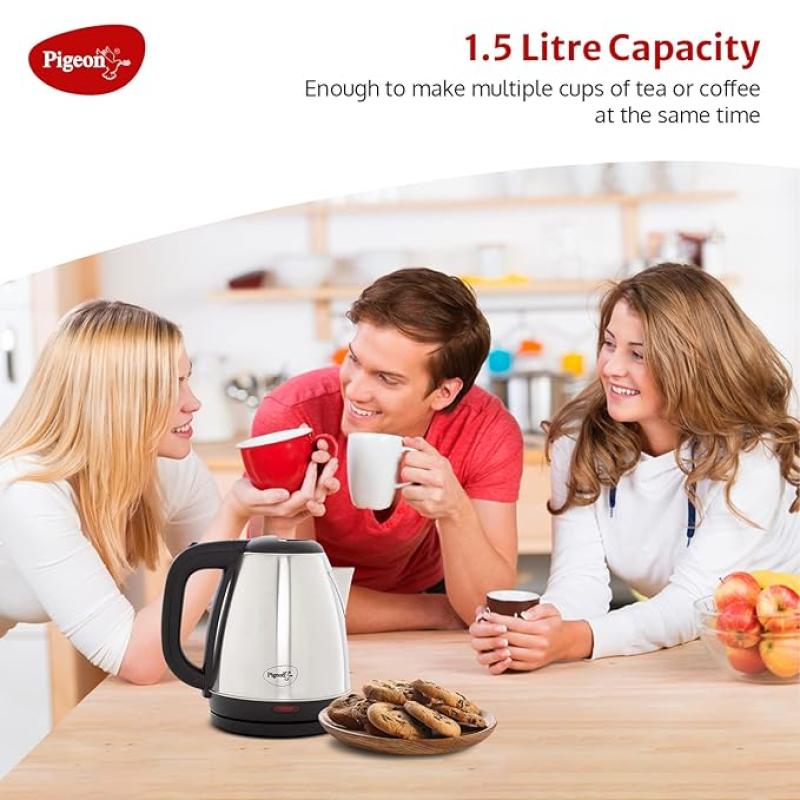 Pigeon by Stovekraft Amaze Plus Electric Kettle (14289) with Stainless Steel Body, 1.5 litre, used for boiling Water, making tea and coffee, instant noodles, soup etc. (Silver)