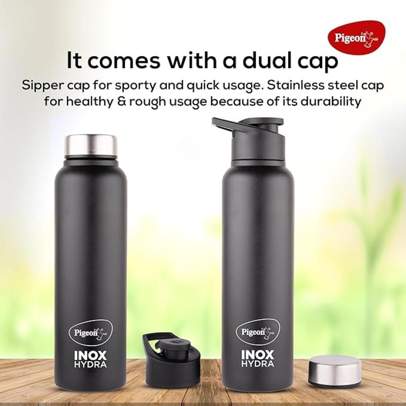 Pigeon Plastic, Stainless Steel Inox Hydra Duo, Dual Cap, Flipper And Fridge In One Bottle, Easy To Use, Multipurpose All In One Bottle 900Ml, Black