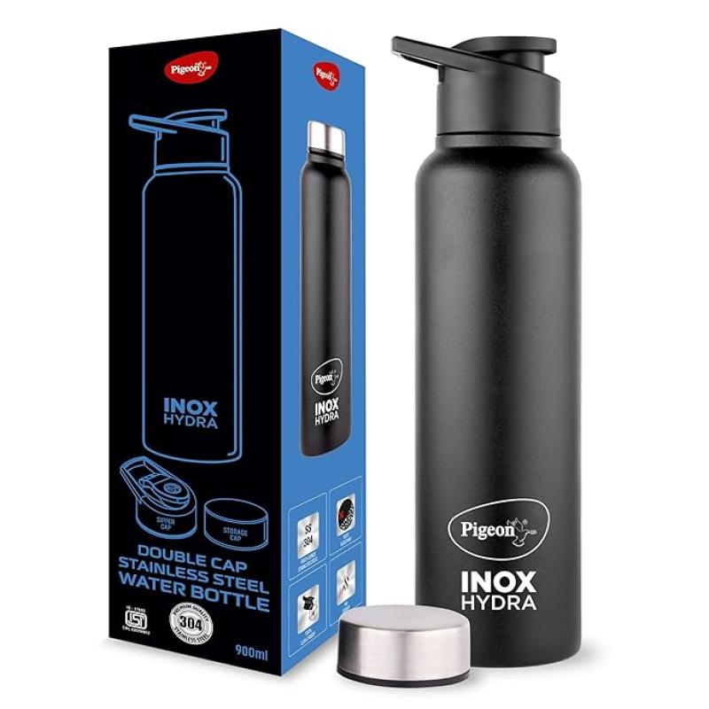 Pigeon Plastic, Stainless Steel Inox Hydra Duo, Dual Cap, Flipper And Fridge In One Bottle, Easy To Use, Multipurpose All In One Bottle 900Ml, Black