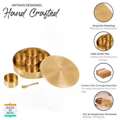 K GOLDEN BRASS (01) handcrafted Brass Spice Box Set For Kitchen With Spoon (7 Containers, 40 ML) - Brass Masala Box For Kitchen - Species Container 7 inch Masala dabba - Masala petti 1set