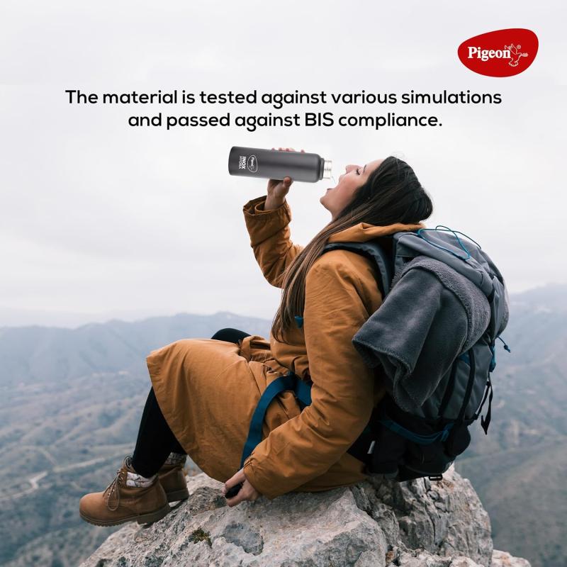 Pigeon Plastic, Stainless Steel Inox Hydra Duo, Dual Cap, Flipper And Fridge In One Bottle, Easy To Use, Multipurpose All In One Bottle 900Ml, Black