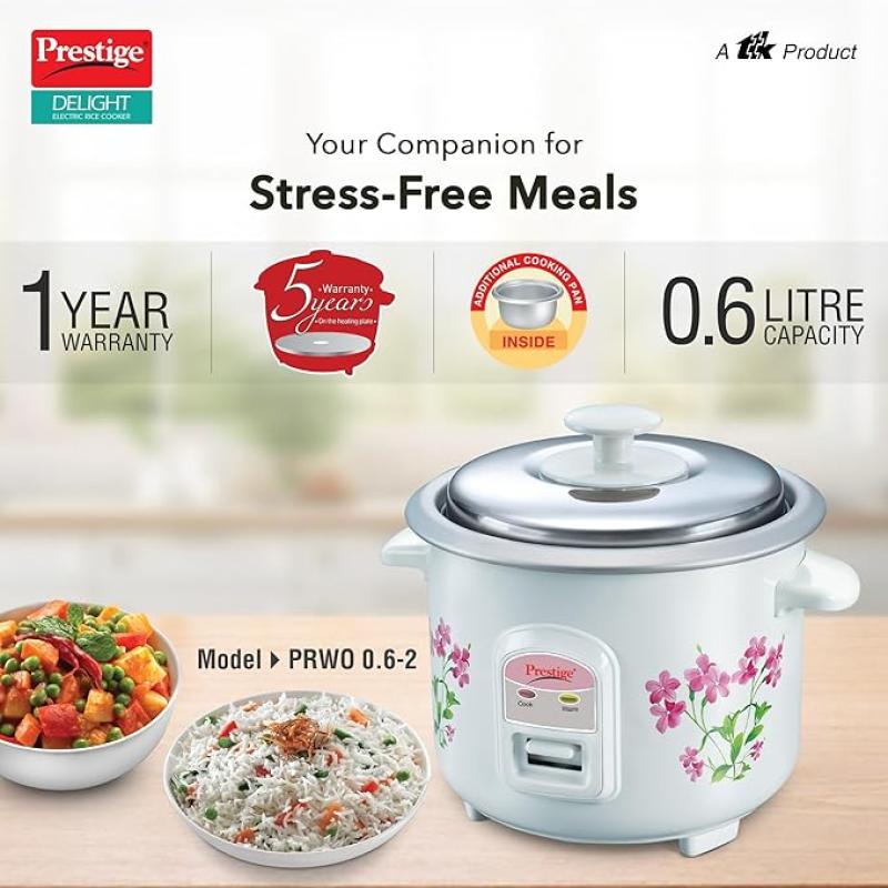 Prestige PRWO 0.6 L Electric Rice Cooker with 2 cooking pans|Detachable power cord|Durable body|Cool touch handles|White| Raw capacity-0.3L|Cooked capacity-0.6