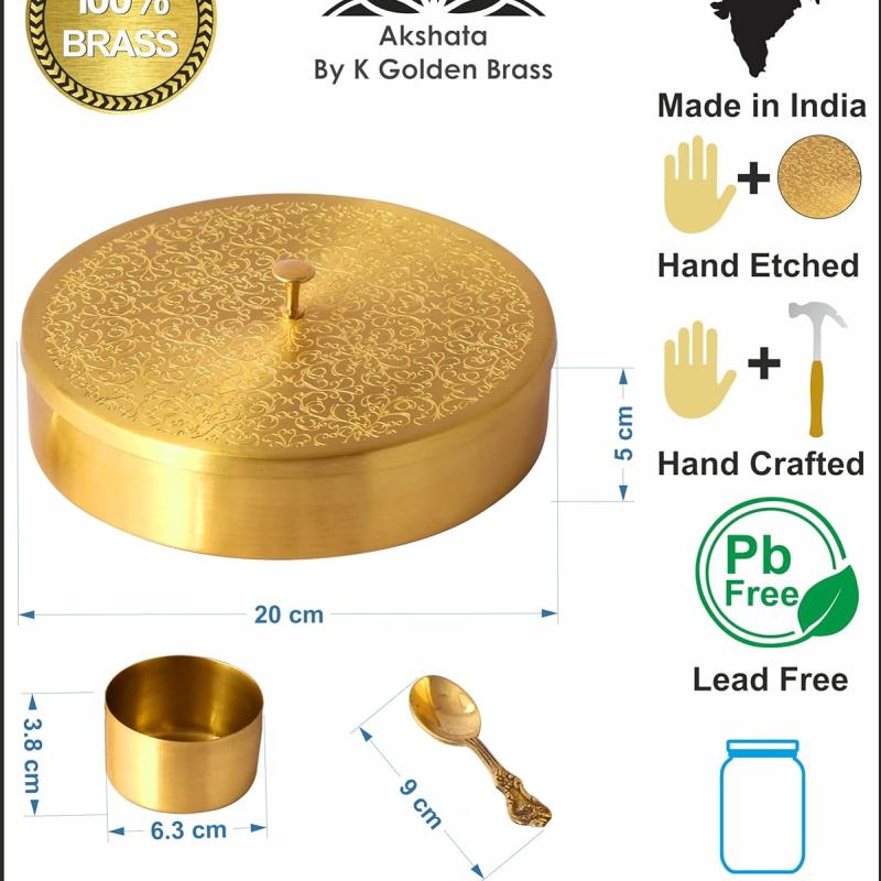 K GOLDEN BRASS (01) handcrafted Brass Spice Box Set For Kitchen With Spoon (7 Containers, 40 ML) - Brass Masala Box For Kitchen - Species Container 7 inch Masala dabba - Masala petti 1set