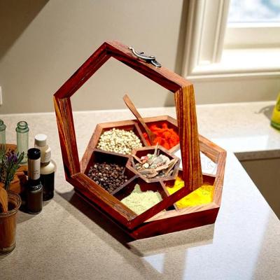 Wooden Spice Box with 7 Partitions & Spoon, Spice Container for Kitchen, Masala Dabba, Namakdani for Kitchen, Wooden Masala Box, Multipurpose Decorative Box (7 Partitions (Hexagonal))