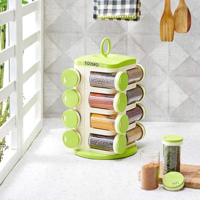 Amazon Brand - Solimo Revolving Spice Rack Set | 16 pieces | Plastic | Tiered Shelf | Tabletop | Green