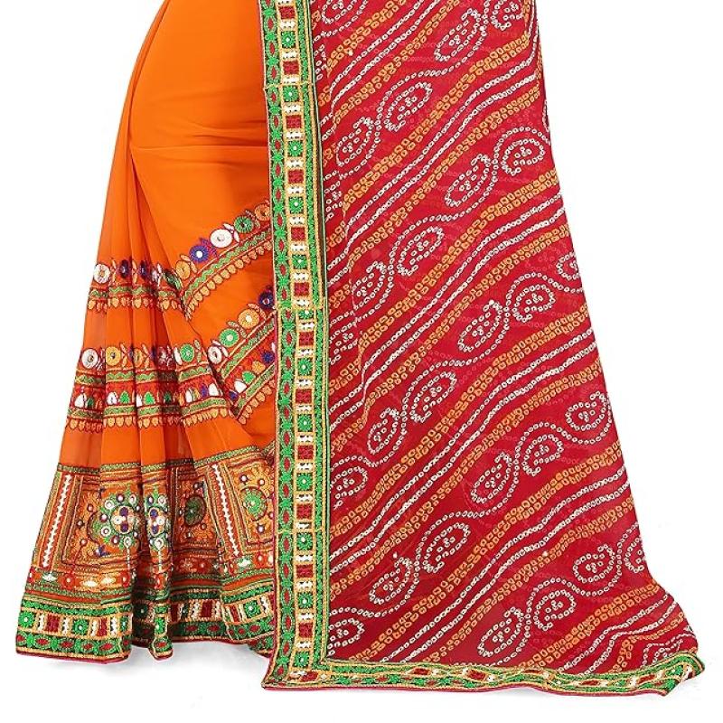arriva fab Women's Georgette Half & Half Bandhani Printed Saree With Unstitched Blouse