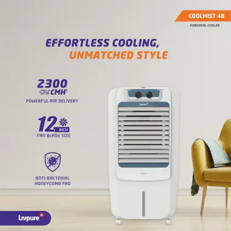Livpure Coolmist 48L Personal Air Cooler with 2300 CMH Air delivery, 48 Litres, White & Grey
